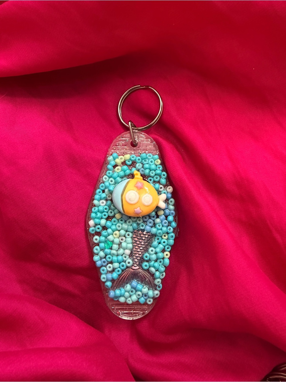 Handmade Beaded Mermaid Tail Keychain with Yellow Fish Charm